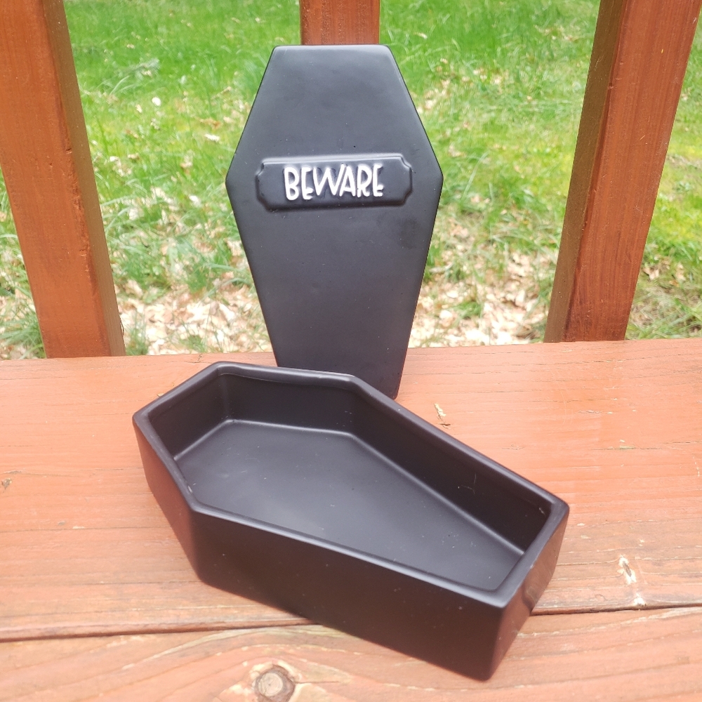 IQ Accessories Coffin Shaped "BEWARE' Ceramic Trinket Box - 2 Piece (Lid & Base)